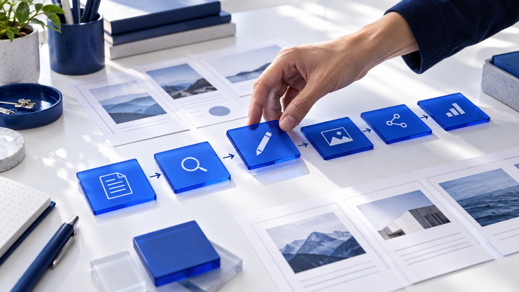 A human hand arranging blue content tiles on an editorial worktable