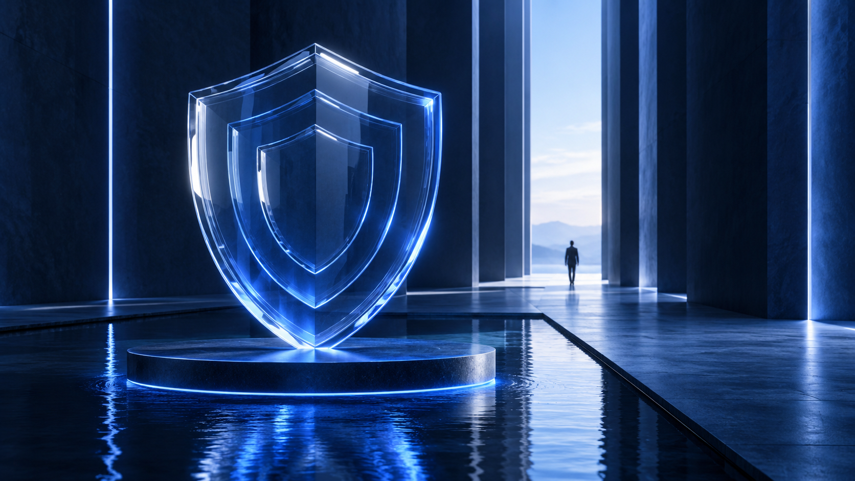 Translucent shield illuminated by blue light in a dark corridor