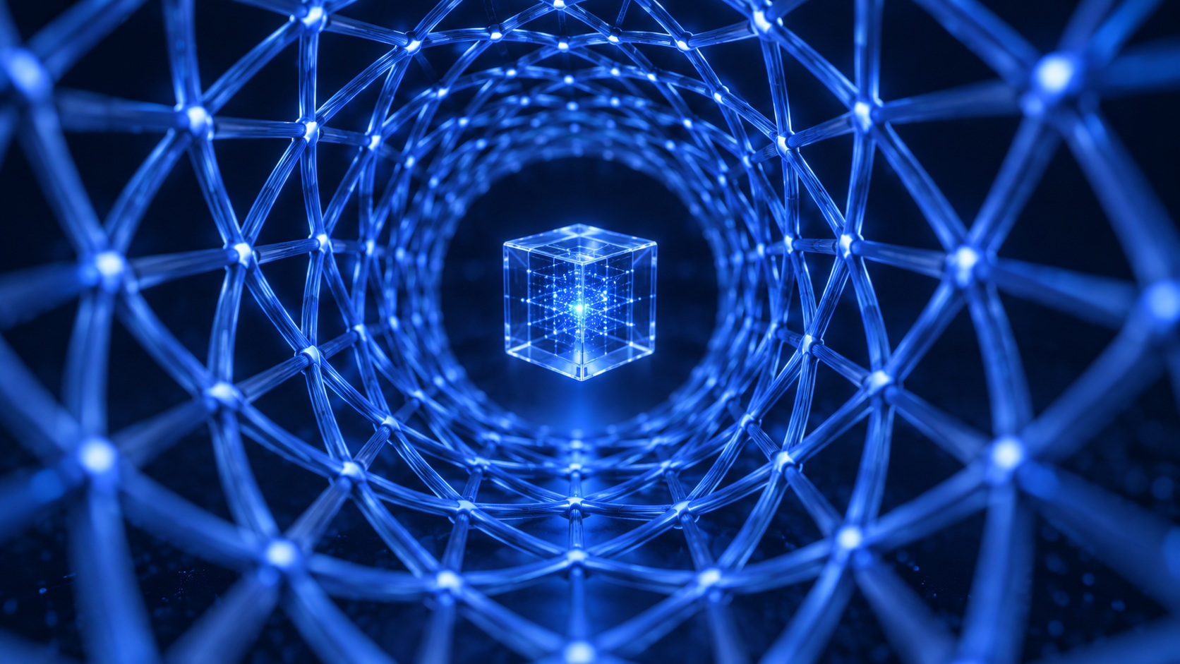 Blue geometric lattice surrounding a protected data core