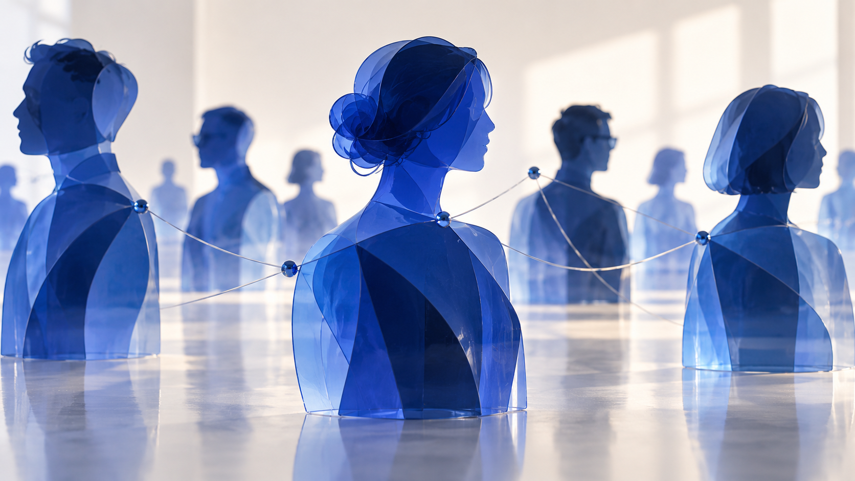 Abstract blue glass silhouettes connected by selective lines