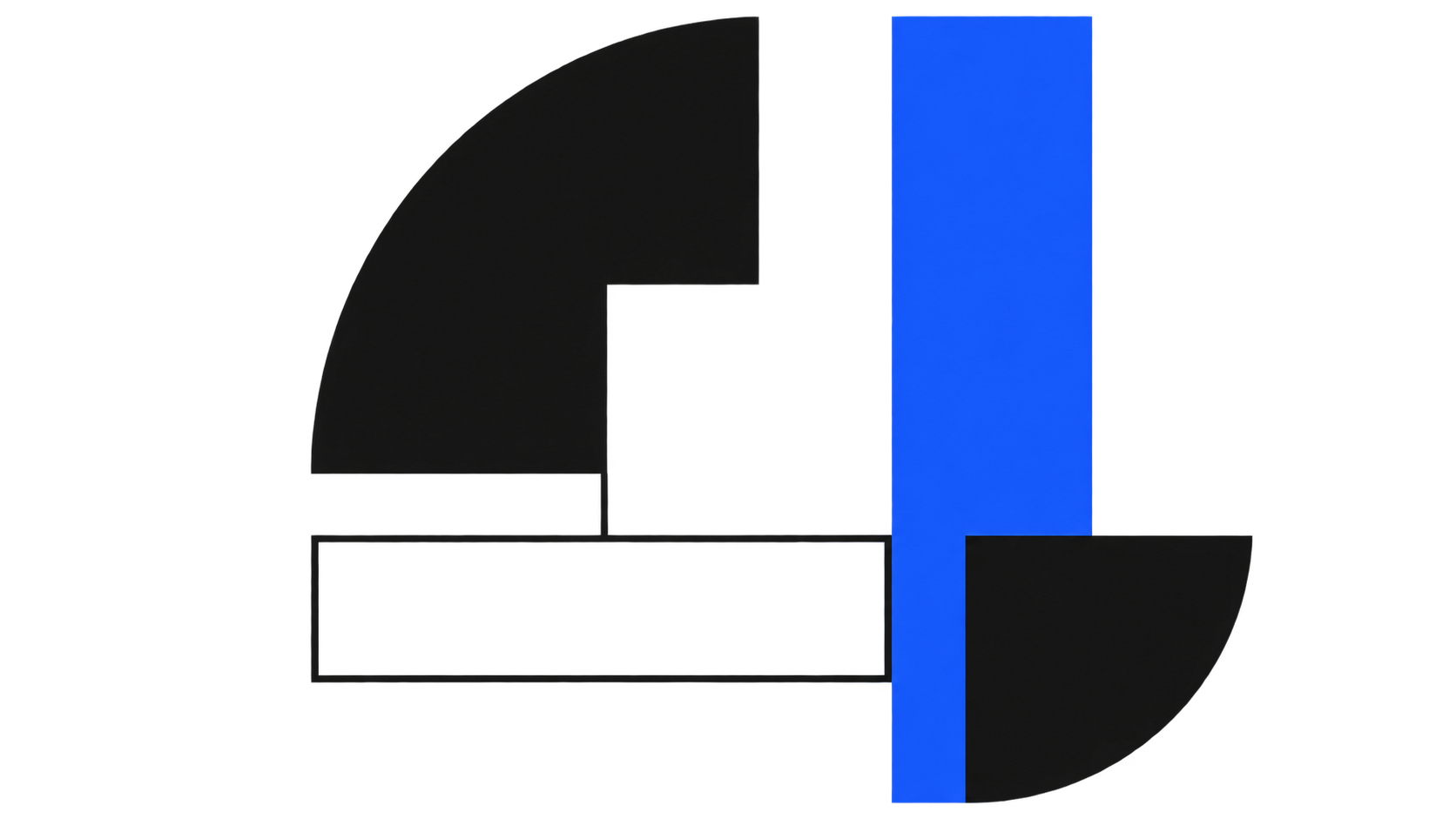 Black curved forms and a blue slab in an abstract composition
