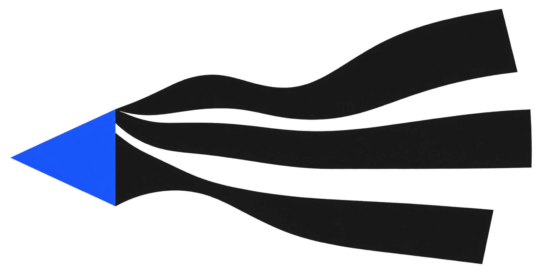 Blue folded form opening into three black ribbons