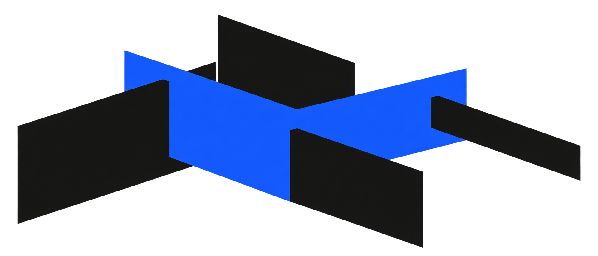 Interlocking black and blue panels forming an abstract system